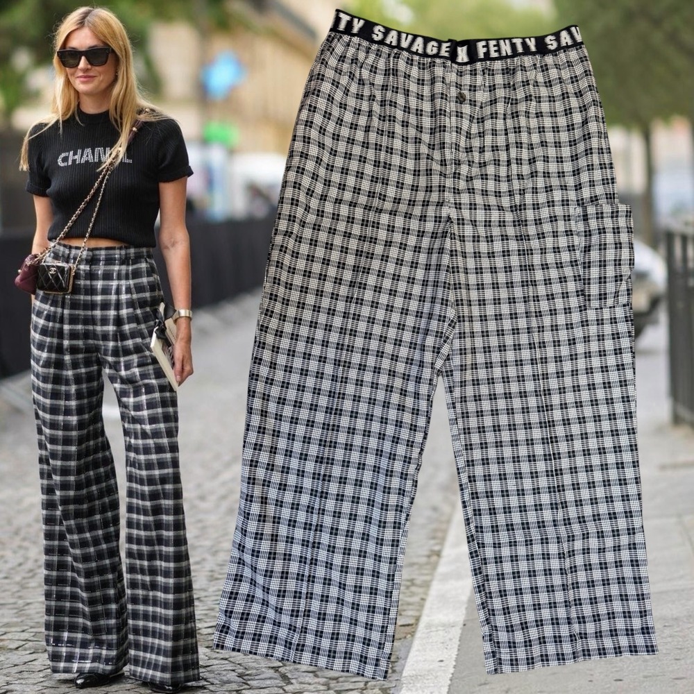 Savage X Fenty Pajama Pants Logo Waistband Plaid Black White XL